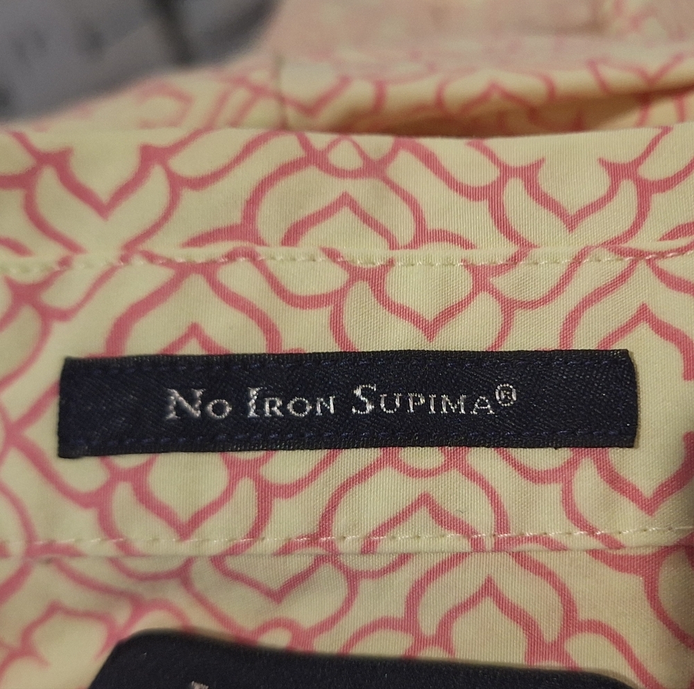 Lands' End No Iron Supima Button Down Cotton Shirt Sz 20W Geometric Yellow Pink - Picture 2 of 11